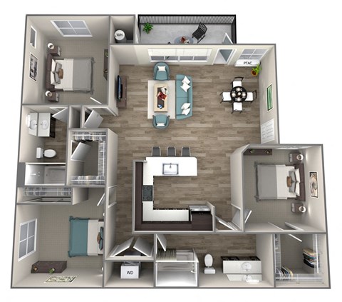 Floor plan for 3 beds, 2 baths, 1381 sqft